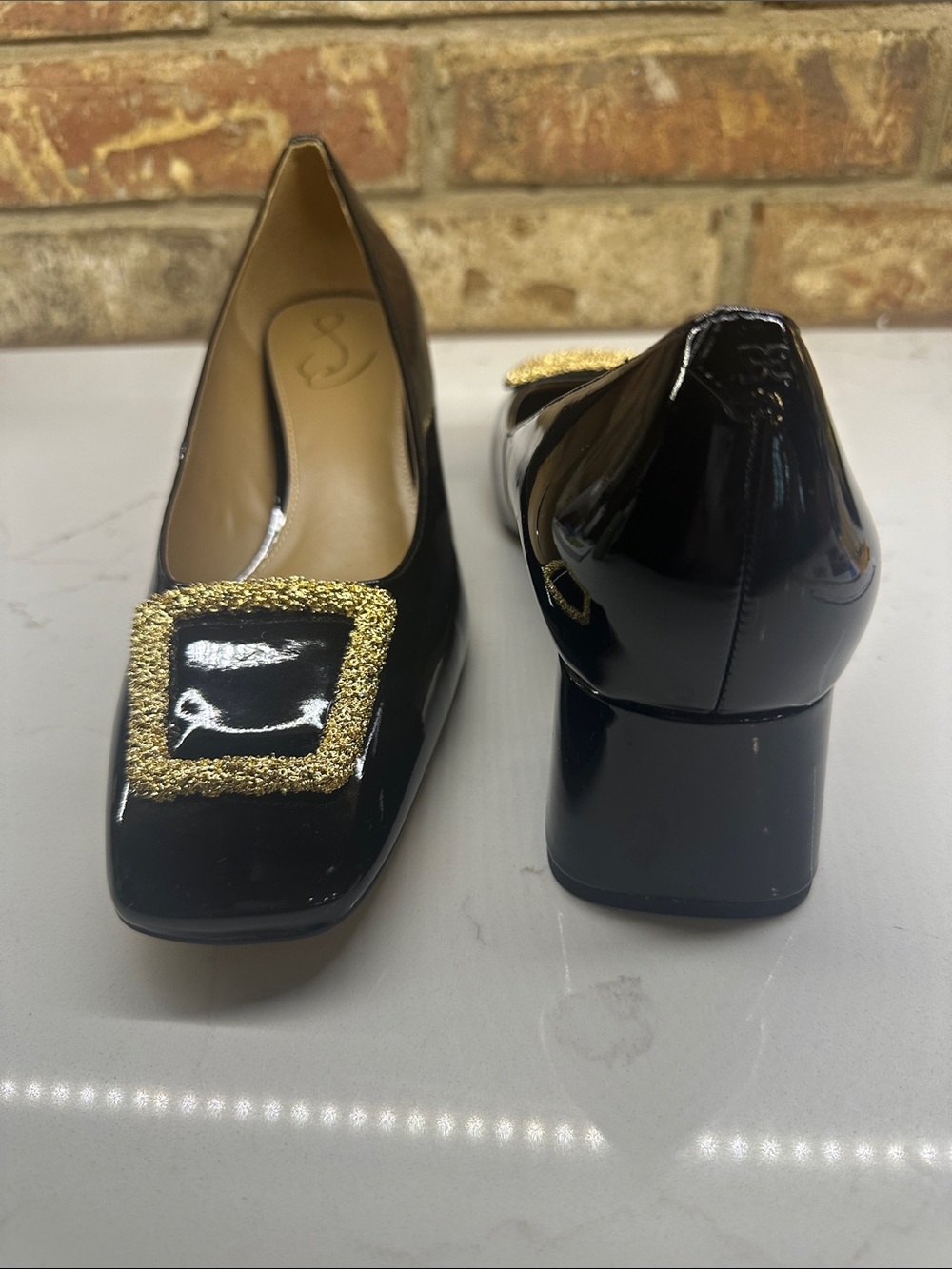 Sam Edelman Black Patent Heels with Gold Buckle - Picture 2 of 3